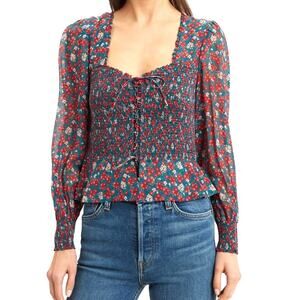 Intermix Alaina Smocked Floral Top 100% Silk Square U-Neck Shirred Shoulders